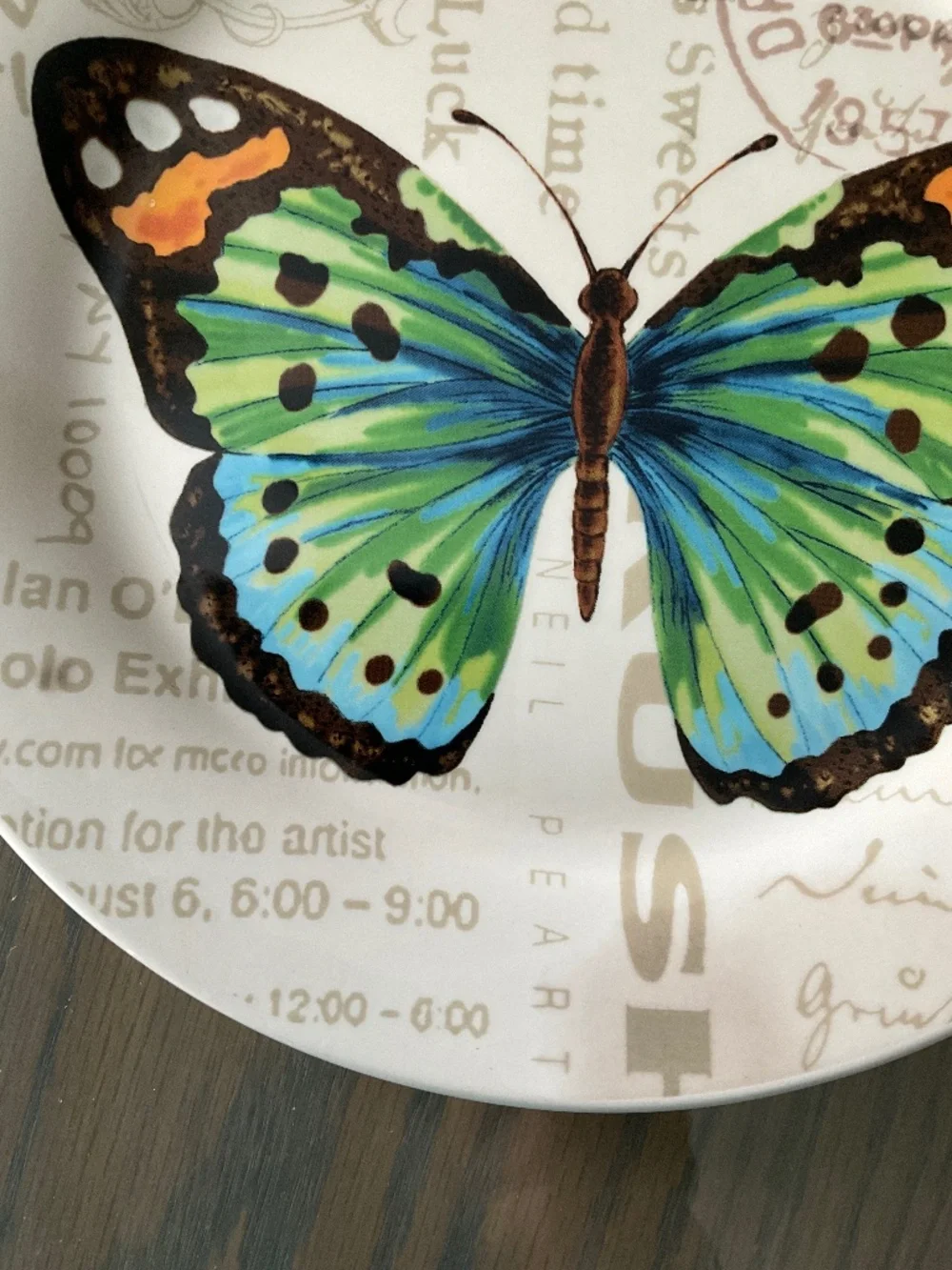 PIER 1 IRONSTONE BUTTERFLY POSTAGE STAMP PLATE . VIBRANT COLORS, 9” DIAMETER